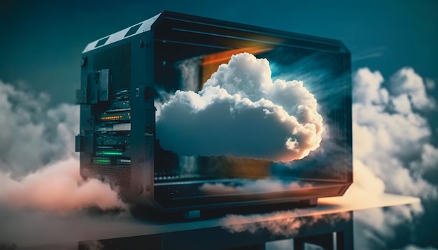 Foto tecnologia di cloud computing computer o server tra le nuvole ia generativa