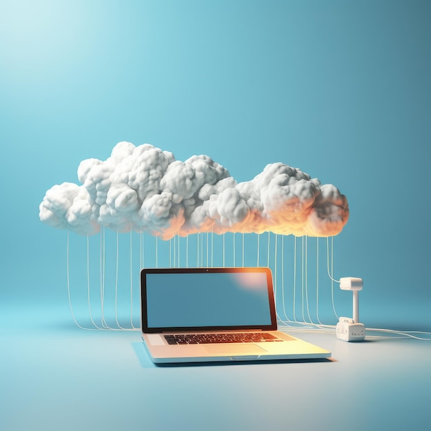 cloud computing technology concept background with computer laptop and white cloud on minimal background AI Generative