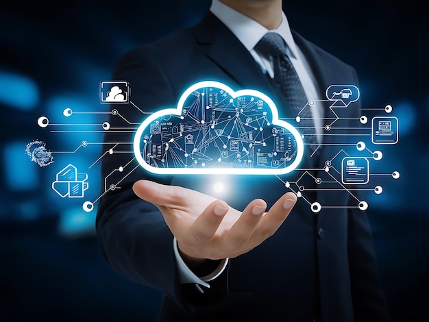 cloud computing technology concept businessman hand holding cloud computing icon network download