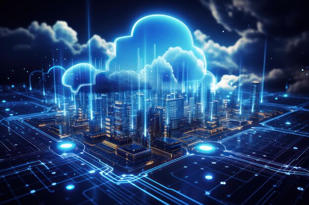 Cloud computing technology concept Smart city and digital cloud data centerFuturistic big data processing cloud Generative AI