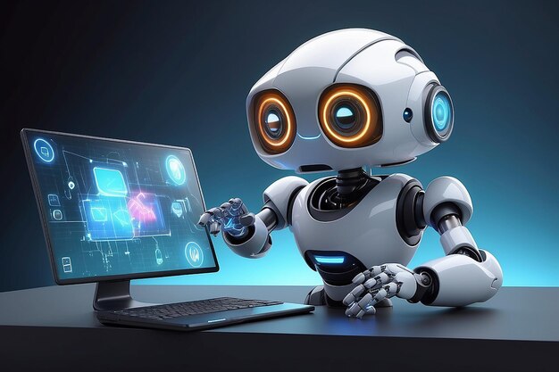 Cloud computing technology concept with 3d rendering cute robot and graphic display