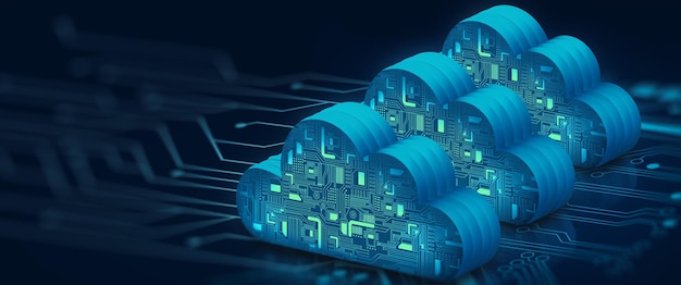 Интернет технологии облачных вычислений на точке схода цепи с абстрактной голубой предпосылкой. Облачный сервис, концепция облачного хранилища. 3D иллюстрации.