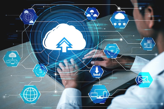 Tecnologia di cloud computing e archiviazione dei dati online per il concetto di rete aziendale.