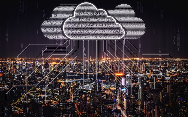 Foto tecnologia di cloud computing e archiviazione di dati online per il concetto di rete aziendale.