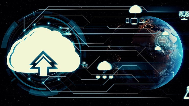 Photo cloud computing technology and online data storage for shrewd business network concept