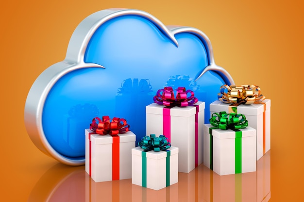 Il cloud computing con confezioni regalo rendering 3d