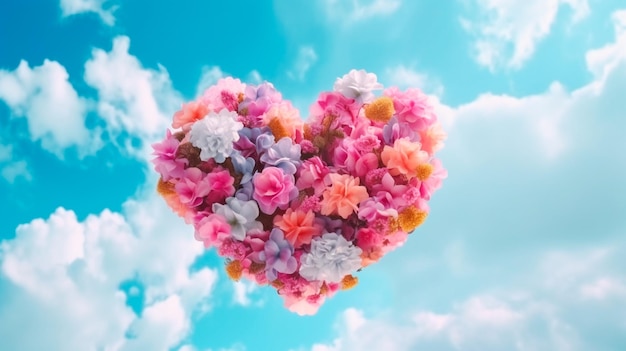 Cloud creatief liefdesconcept van verse lentebloemen in de hemelachtergrond Hou van gelukkige Valentijnsdag een exploderend boeket Pastelblauwe achtergrond Generatieve AI