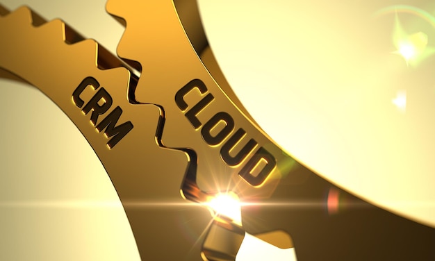 Foto cloud crm technical design cloud crm su meccanismo di ruote dentate dorate con lens flare cloud crm concept cloud crm illustrazione con effetto luce incandescente 3d