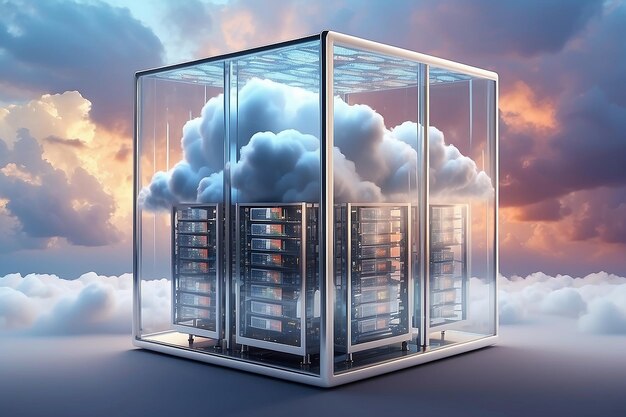 Cloud data storage rack concept in glass cube Cloudscape digital metaverse server for