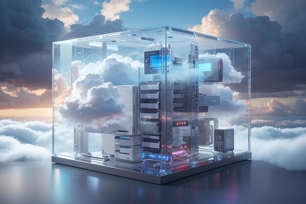 Cloud data storage rack concept in glass cube Cloudscape digital metaverse server for