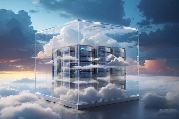 Cloud data storage rack concept in glass cube Cloudscape digital metaverse server for