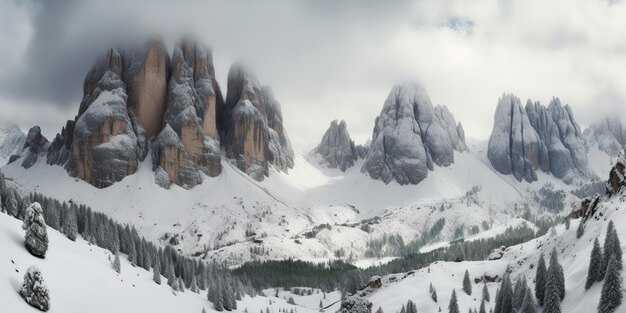 Облачный день скалы холм горная скальная вершина со снегом зимой приключенческие экспедиционные путешествия