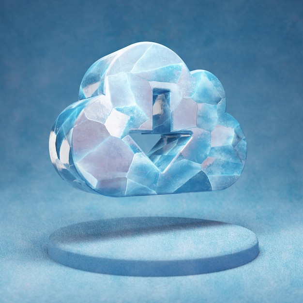 Cloud Download icon. Cracked blue Ice Cloud Download symbol on blue snow podium. Social Media Icon for website, presentation, design template element. 3D render.