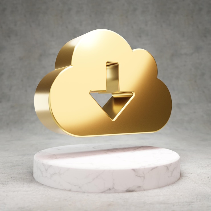 Photo cloud download icon. gold glossy cloud download symbol on white marble podium. modern icon for website, social media, presentation, design template element. 3d render.