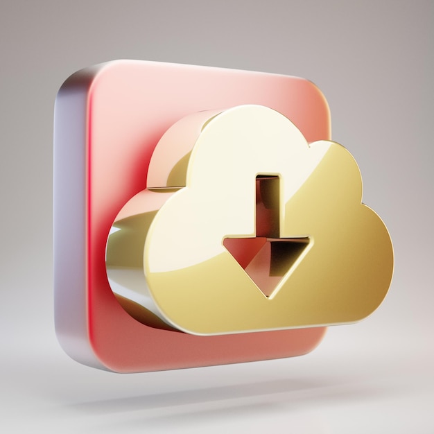 Cloud Download icon. Golden Cloud Download symbol on red matte gold plate. 3D rendered Social Media Icon.