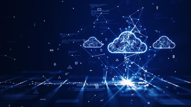 Foto concetto di tecnologia cloud ed edge computing con sistema di protezione dei dati di sicurezza informatica