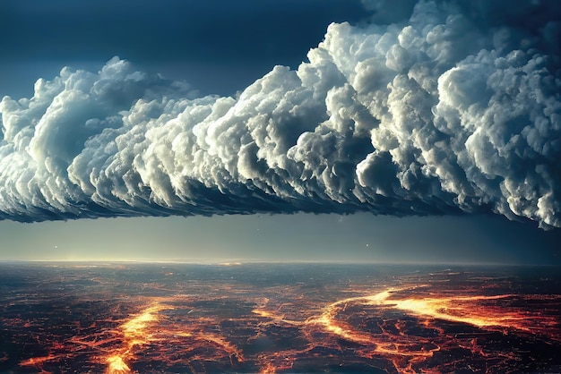 A cloud formation over a landscape with a city in the background