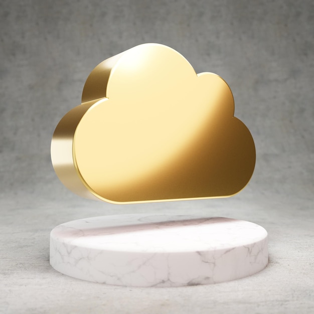 Cloud icon. Gold glossy Cloud symbol on white marble podium. Modern icon for website, social media, presentation, design template element. 3D render.