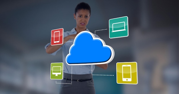 Cloud icon over network of icons against sad african american woman doing time break gesture