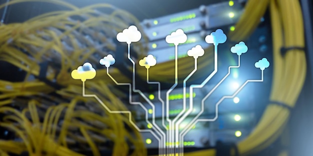 Foto cloud information computing technology concept conceptuele banner op server rack achtergrond