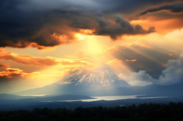 Foto la cima baciata dalle nuvole il raggio di sole bagna la montagna una scena naturale mozzafiato