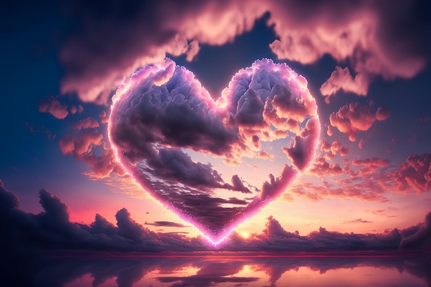 Nuvola d'amore nubi d'aria a forma di cuore su un tramonto al neon ai