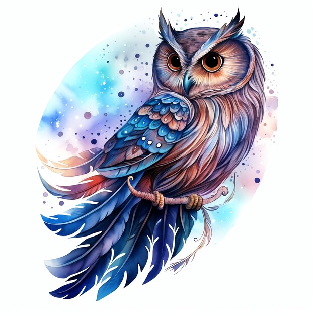 Photo cloud owl feather fantasy sky night gazing watercolor