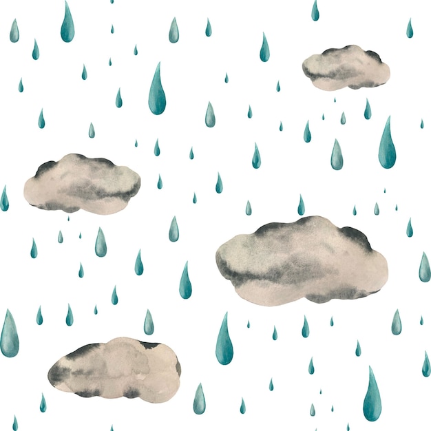 Photo cloud rainy grey drop seamless pattern. a watercolor illustration. hand drawn texture and isolated.