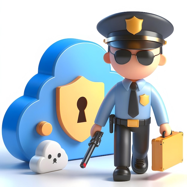 Cloud Security Officer concept als Patrolling Virtual Storage met witte achtergrond en geïsoleerd schattig