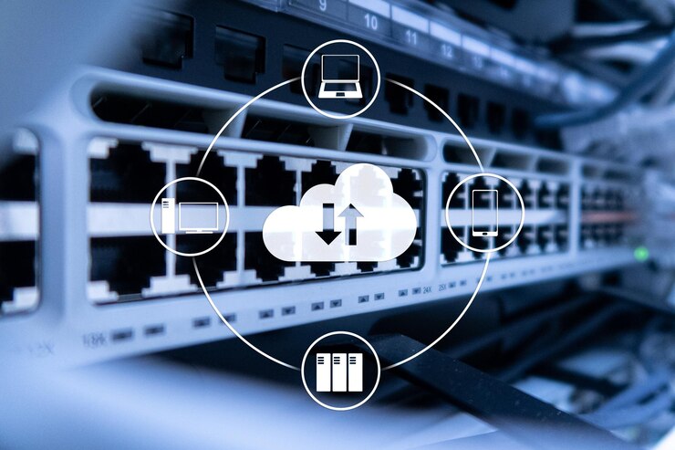 Photo cloud server and computing data storage and processing internet and technology concept