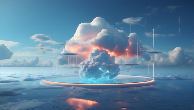 Cloud server infrastructure futuristic hightech minimalistic design sleek blue lighting inter