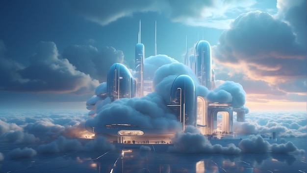 Cloud server infrastructure futuristic hightech minimalistic design sleek blue lighting inter