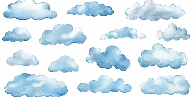 Облачный набор акварельных облаков на белом фоне