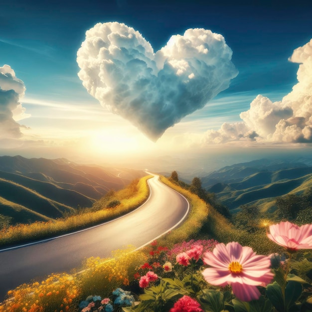 Foto nuvola a forma di cuore sopra la strada amore del concetto di viaggio ai generativo