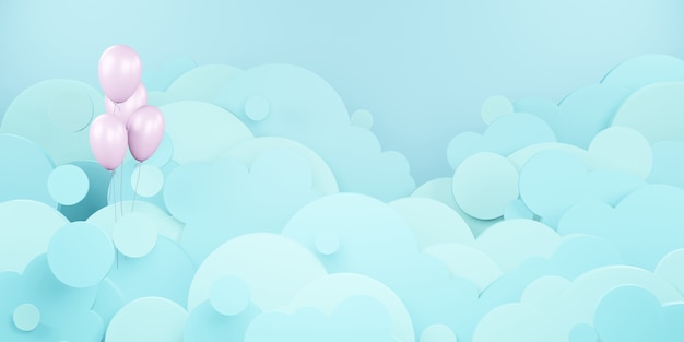 Облачное небо и воздушные шары, плавающие в небе, вырезка из бумаги в стиле 3D иллюстрации