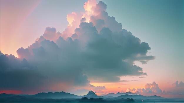 A cloud in the sky with a mountain in the background