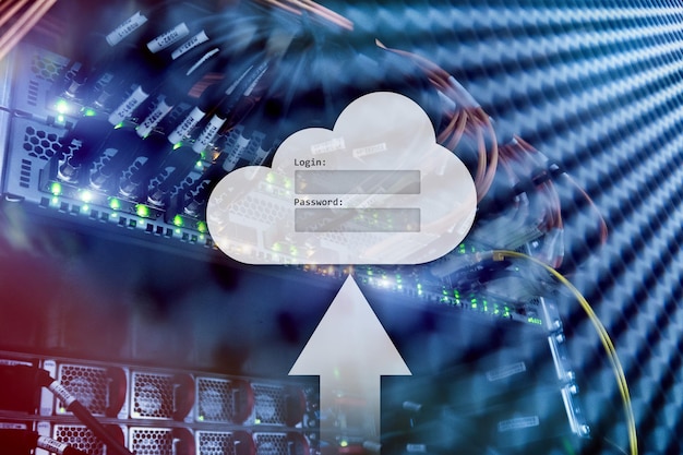 サーバールームの背景にあるクラウドストレージデータアクセスログインとパスワード要求ウィンドウインターネットとテクノロジーの概念