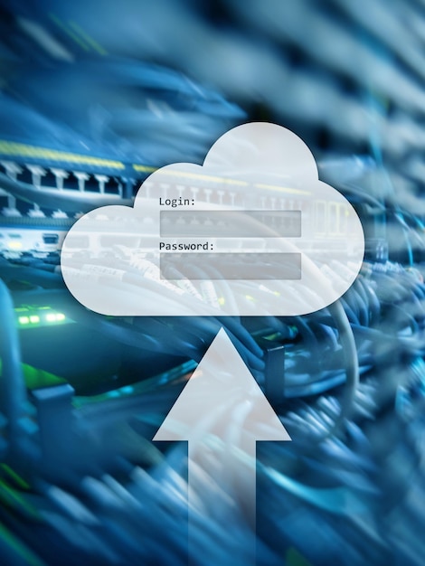 サーバールームの背景にあるクラウドストレージデータアクセスログインとパスワード要求ウィンドウインターネットとテクノロジーの概念
