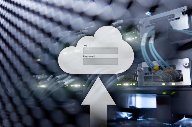 Cloud storage data access login and password request window on server room background Internet and technology concept