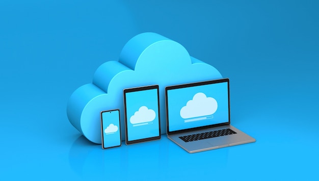 Cloud storage for phone, tablet, laptop. Blue background. 3d render.