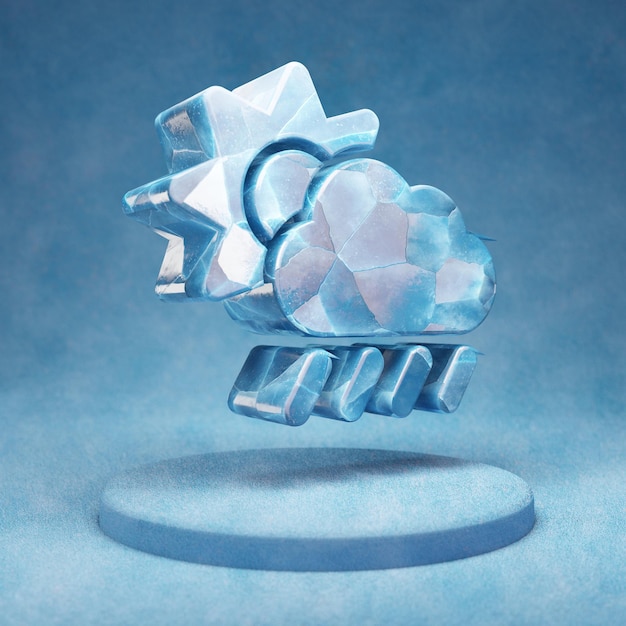 Cloud Sun Rain icon. Cracked blue Ice Cloud Sun Rain symbol on blue snow podium. Social Media Icon for website, presentation, design template element. 3D render.