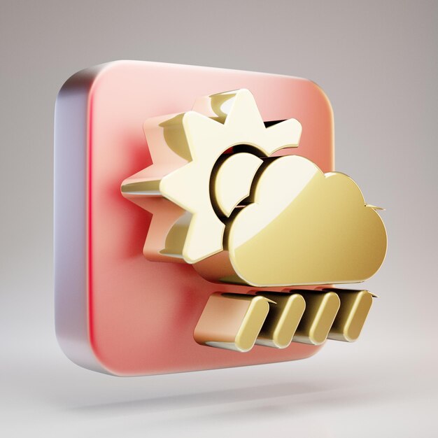 Cloud Sun Rain icon. Golden Cloud Sun Rain symbol on red matte gold plate. 3D rendered Social Media Icon.