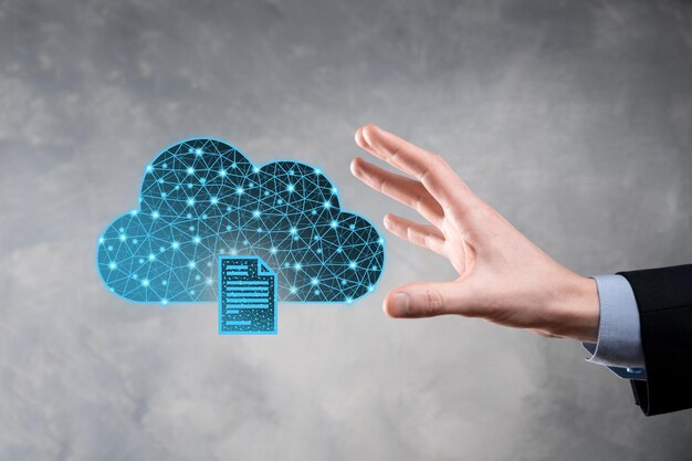 Cloud technologie. Veelhoekig draadframe cloudopslagbord met documentpictogram op donkerblauw. Cloud computing, big datacenter, toekomstige infrastructuur, digitaal ai-concept. Virtueel hosting symbool