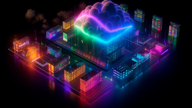 Cloud technologies concept Data center concept Modern cloud technologies Neon rainbow colors cyber space isometric illustration network with computer laptop tablet and smartphone Generative AI