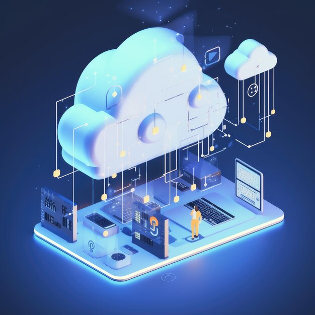 Cloud technology computing Connected to digital storage in the data center via the Internet Generative AI