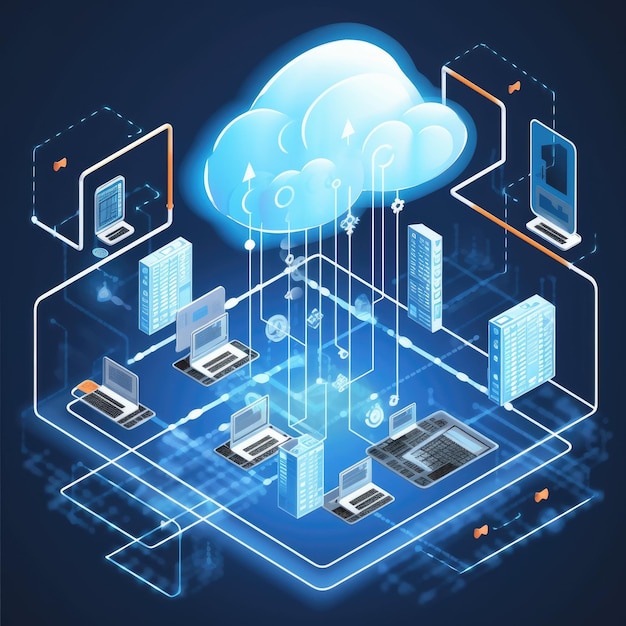 Cloud technology computing Connected to digital storage in the data center via the Internet Generative AI