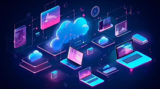 Cloud technology computing Devices connected to digital storage in the data center via the Internet IOT Smart Home Communication laptop Generative AI illustrator