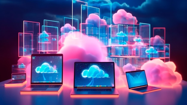 Cloud technology computing Devices connected to digital storage in the data center via the Internet IOT Smart Home Communication laptop tablet phone home devices with an online Generative AI