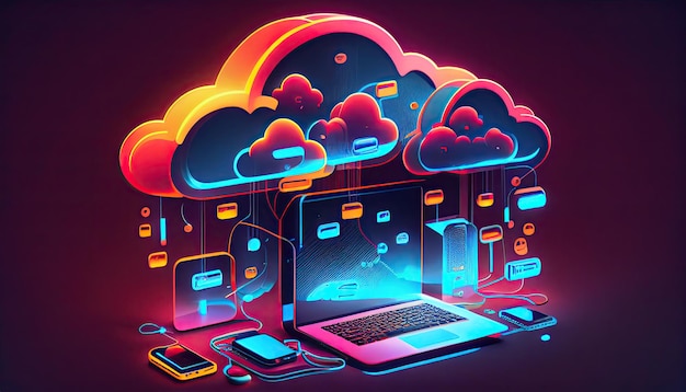 Cloud technology computing devices connected to digital storage in the data center via the internet iot smart home communication laptop tablet phone home devices with an online