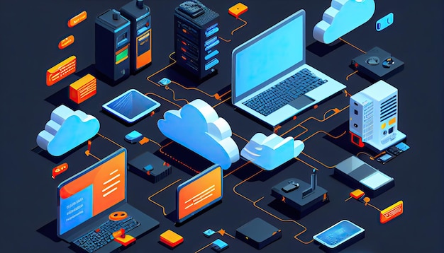 Photo cloud technology computing devices connected to digital storage in the data center via the internet iot smart home communication laptop tablet phone home devices with an online